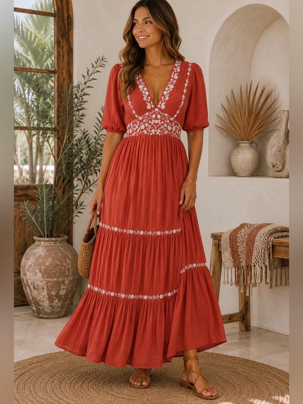 Baltic Born Santa Fe Embroidered Maxi Dress Rust Cottagecore Size Medium NWT
